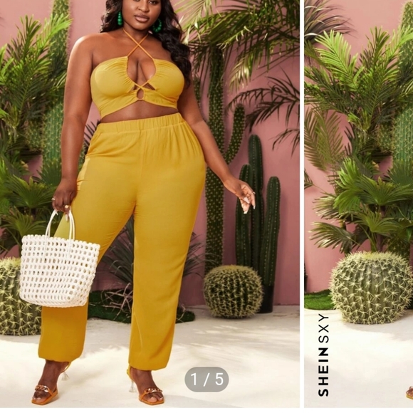 SHEIN Pants - Plus Crisscross Front Shirred Back Halter Top & Pants
